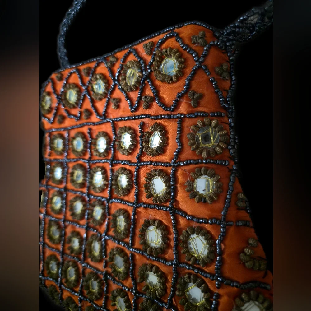 Handmade Indian Ethnic Beaded Purse Mirror Work Orange Potli Bag - Picture 4 of 6